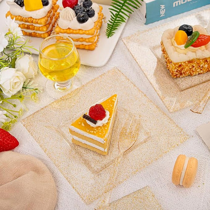 DaYammi 100Pcs Gold Glitter Dessert Plates Including 50Pcs Appetizer Plates 6",50Pcs Plastic Forks 5.7",Gold Glitter Plastic Square Plate for Party,Gold Salad Plate with Cake Fork for Birthday Wedding