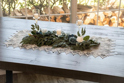 Lace Runner Earth Tone Silver Lace on Silver Fabric Table Runners, Dresser Scarf - Image 5