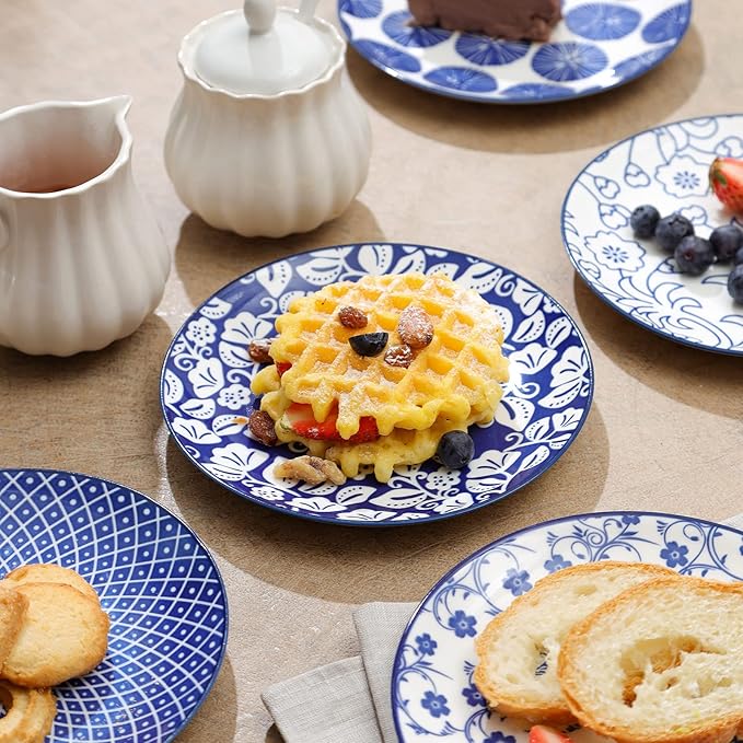 Selamica Ceramic Dessert Plates Set of 6, 6 Inch Appetizer Plates for Kitchen, Microwave & Dishwasher Safe, Vintage Blue