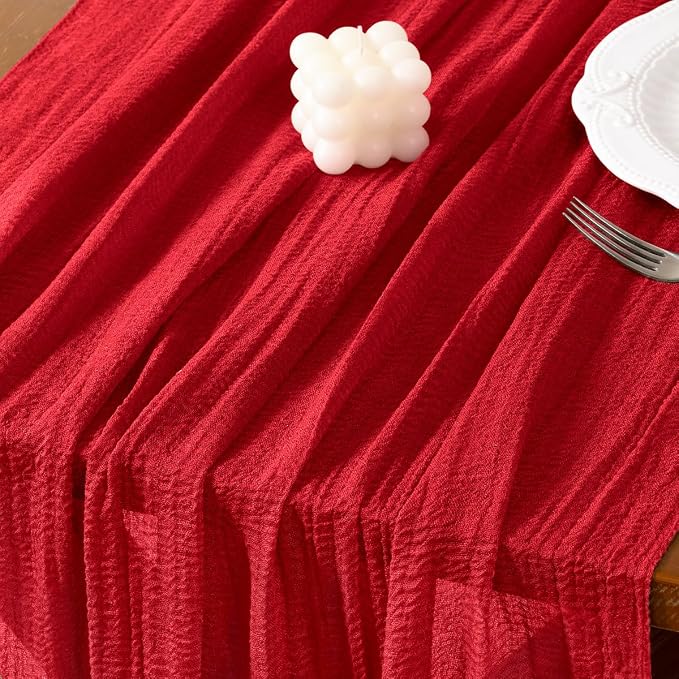 Cheesecloth Table Runner Summer Boho Wedding Shower Party Home Decor | Red 3pcs - Image 5