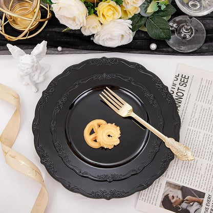 U-QE 100PCS Black Plastic Plates, Heavy Duty Black Plates Including 50PCS 10'' Dinner Plates & 50PCS 7.5'' Dessert Plate - Hard Plastic Plate for Party Wedding Bridal Shower