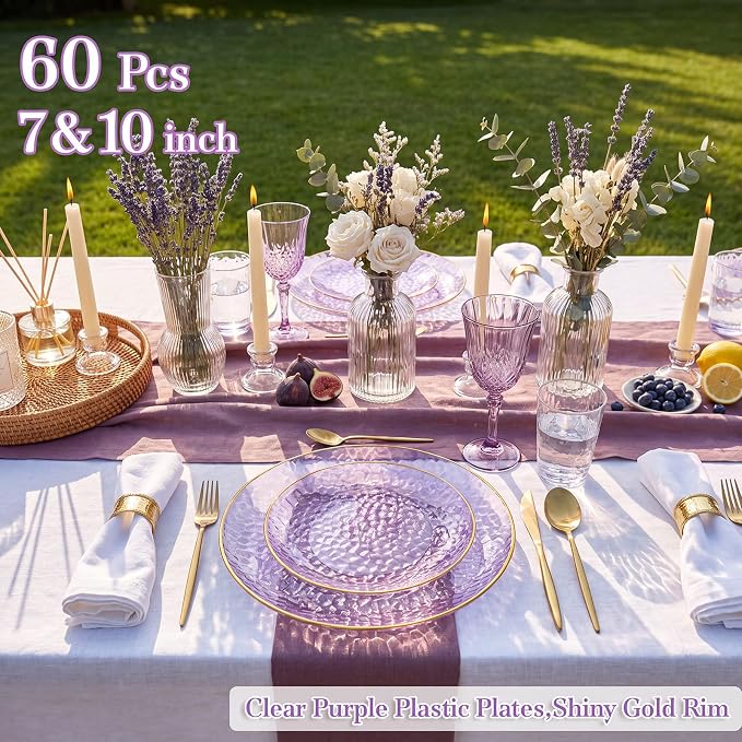 Rubtlamp 60Pcs Clear Purple Gold Plastic Plates, Hammered Plastic Plates - Image 3