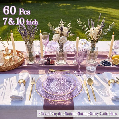 Rubtlamp 60Pcs Clear Purple Gold Plastic Plates, Hammered Plastic Plates - Image 3