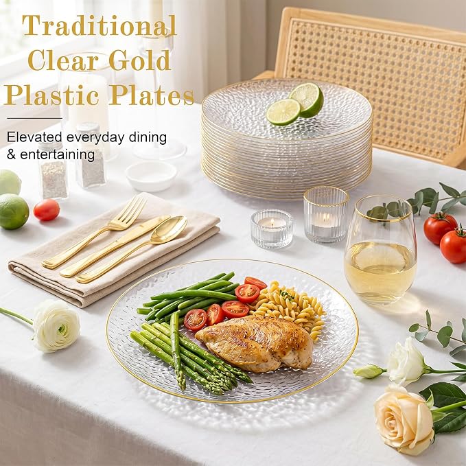 Rubtlamp 100 Pcs Gold Plastic Plates, 10 inch Clear Gold Dinner Plates - Image 5