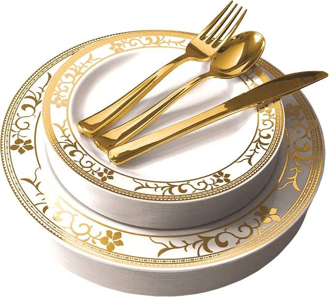 125-Piece White and Gold Floral Fancy Plastic Plates Disposable by StockYourHome