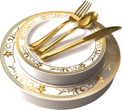 125-Piece White and Gold Floral Fancy Plastic Plates Disposable by StockYourHome