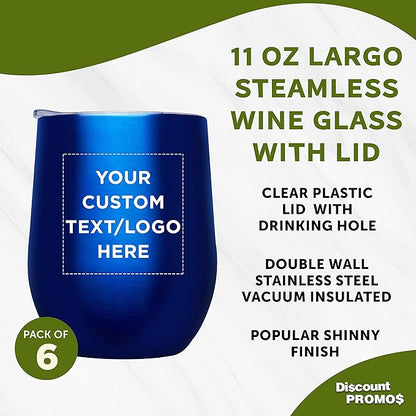 Custom Stemless Wine Glass Tumblers with Lids by Largo 11 oz. Set of 6, Personalized Bulk Pack - Perfect for Wine, Cocktails, Other Hot & Cold Beverages - Blue