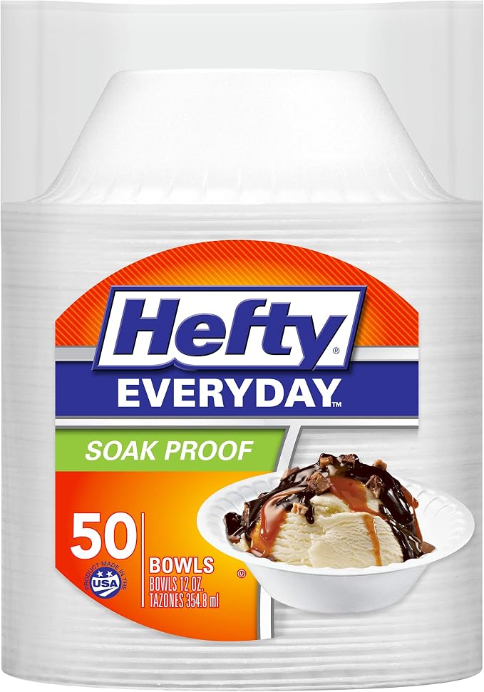 Hefty Everyday Soak Proof Foam Bowls, 50ct | Disposable White Bowls by Hefty