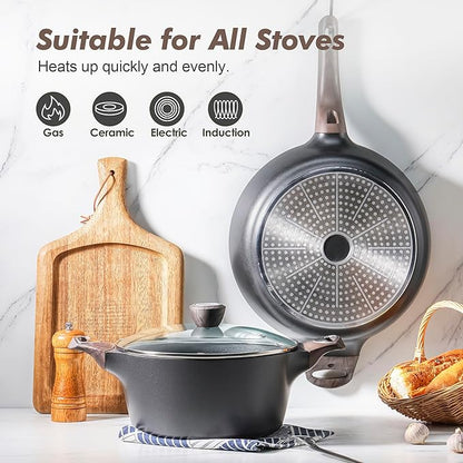 SENSARTE Pots and Pans Set Non stick, Non toxic Healthy Induction Cookware Sets, 14 Pcs Non Stick Kitchen Cooking Set with Frying Pans Set & Saucepan, PFOA PFOS Free, Black