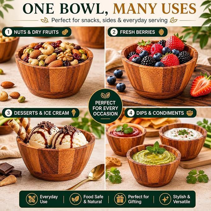 Acacia Wood Round Serving Bowls Set of 4 V Shape Handmade 4.33 Inch Medium Size - Image 3
