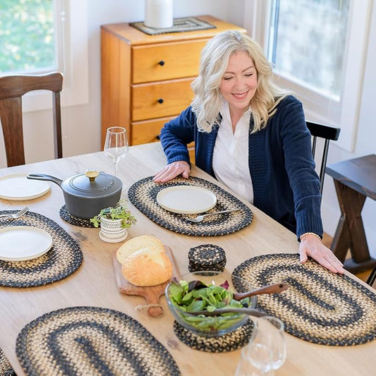 Homespice Kilimanjaro Jute Braided Placemats, Warm Primitive Decor, Set of 4, Black and Tan 13x19 Oval Table Mats - Vibrant Colors, Durable, Easy to Clean and Protects Furniture