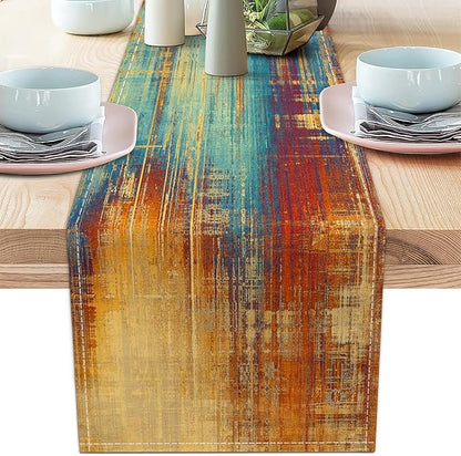 Long Table Runner Vintage Abstract Blue and Orange Table Runner Messy Rust by AILUER