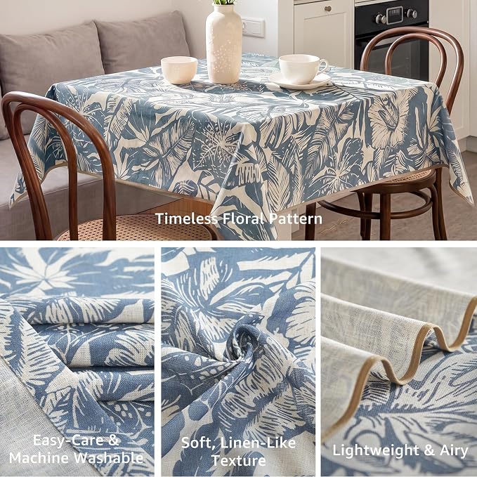 jinchan Blue Tropical Floral Linen Square Table Cloth 50x50 | Tropical - Image 3