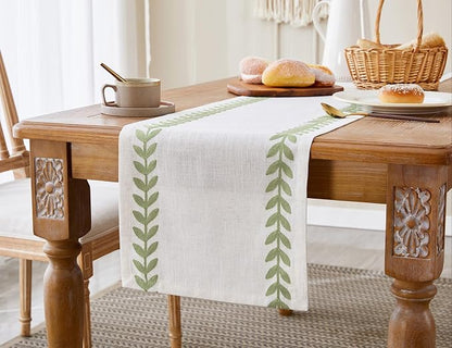 Wracra Embroidered Table Runner, Sage Green Table Runners 60 Inches Long | - Image 6