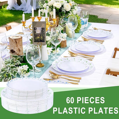 YOUBET 60PCS Blue and Green Floral Plastic Plates - Image 6