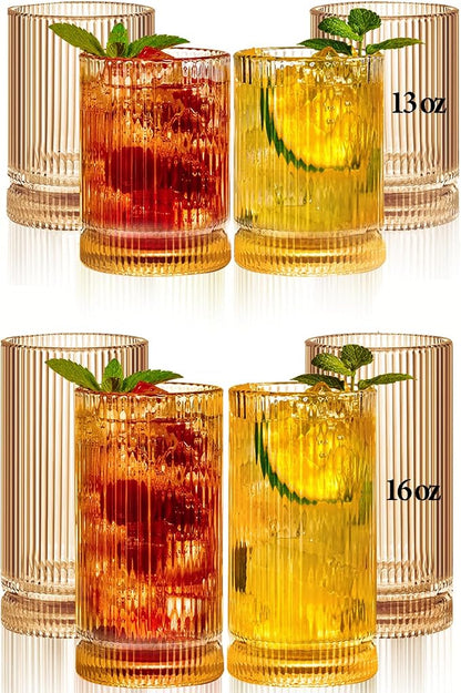 Amber Glassware Ribbed Drinking Glasses Set of 8, Vintage Glassware Set by Megarte