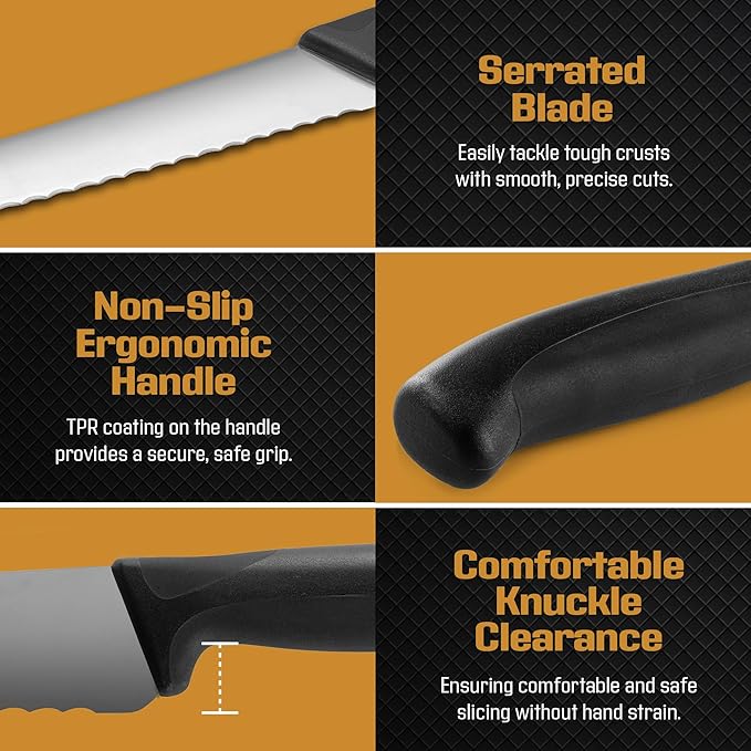 Bread Knife - 10 inch Serrated Stainless Steel Cutter with Non-Slip Handle for Sourdough, Artisan Loaves, Baguettes, Bagels, Cakes & Pastries - Long Serrated Kitchen Knife for Bread, Meat & Carving
