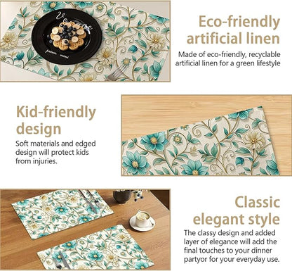 Abstract Gold Flower Placemats Set of 6, Linen Washable for Christmas, Thanksgiving, Party, and Daily Dining, Decorative Table Mats for 4-6 Person Table