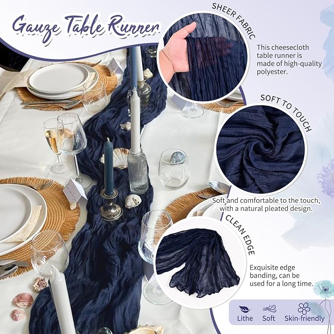 Showgeous 4 Pack Navy Blue Cheesecloth Table Runner, 17 x 108 Inches | Boho - Image 3