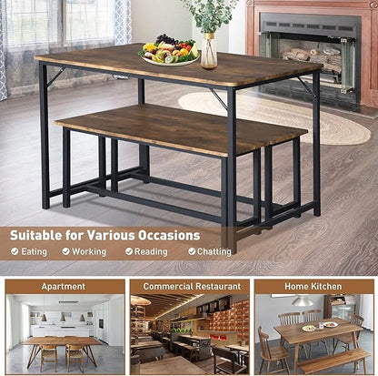 Kitchen Table Set with 2 Benches, Breakfast Nook Table Set, Wood Dining Table Set for 4-Person Space-Saving Dinette for Kitchen, Farmhouse Classic Modern, Rustic Brown