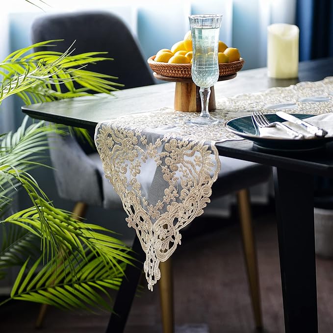 SUTAVIA Lace Table Runner 12"×48" Gold Embroidered Dresser Scarf | Classic - Image 4