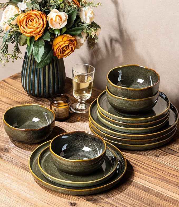 Ceramic Dinnerware Set for 4, 12-Piece Plates and Bowls Set | Handmade Reactive - Image 4