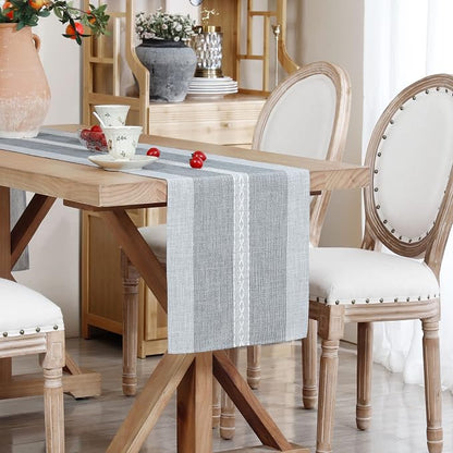 NEWISHER Farmhouse Braided Striped Embroidery Table Runner 90 inches Grey | - Image 9