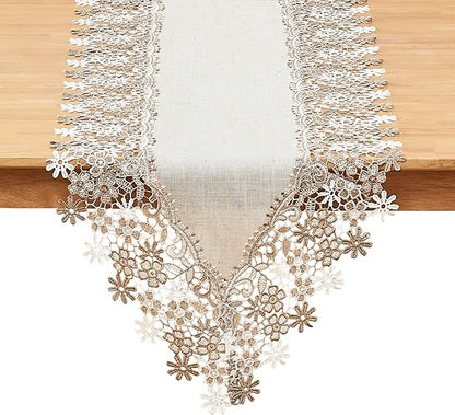 Natural Beige Floral Lace Table Runner Dresser Scarf | Rustic Farmhouse Style by Winotic