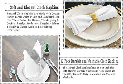 Ruvanti Cloth Napkins set of 12, 18x18 Inches Napkins Cloth Washable, Soft, Durable, Absorbent, Cotton Blend. Table Dinner Napkins Cloth for Hotel, Lunch, Restaurant, Weddings, Events, Parties - White