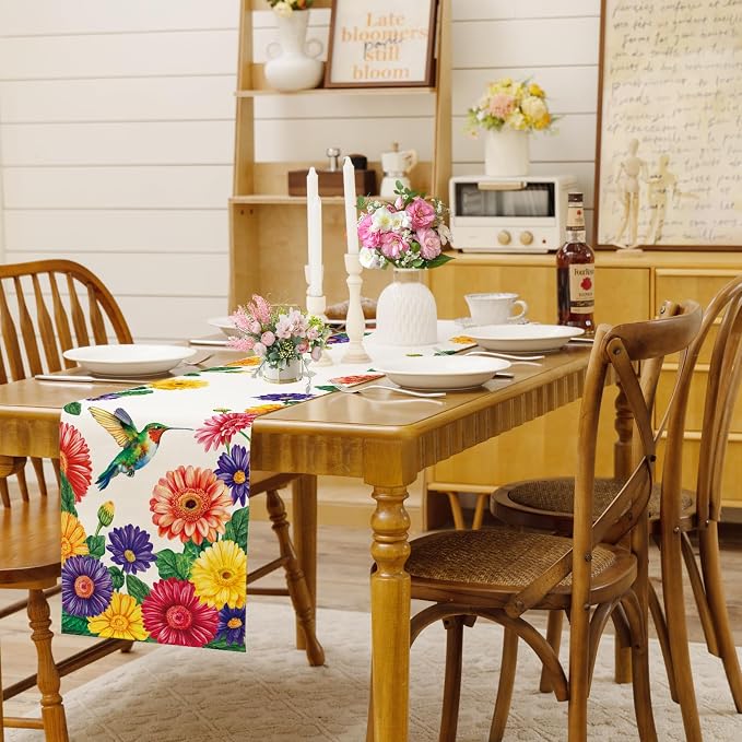 Summer Hummingbird Table Runner Spring Daisy Floral Burlap Table Runners - Image 2