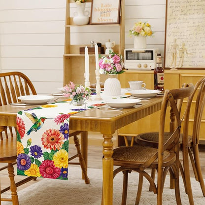 Summer Hummingbird Table Runner Spring Daisy Floral Burlap Table Runners - Image 2