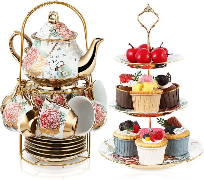 21 Pcs Porcelain Tea Set for Women Tea Party by Maxcheck