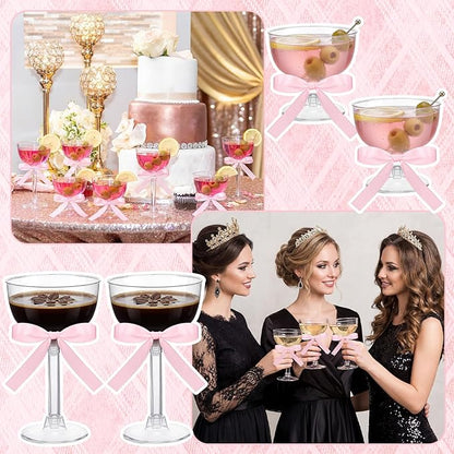 20 Set Disposable Plastic Martini Glasses with Pink Bow 6.5 oz Clear Coupe Glasses Acrylic Champagne Tower a Tini Bit Party Favor Cocktail Unbreakable Dessert Glass for Wedding Birthday