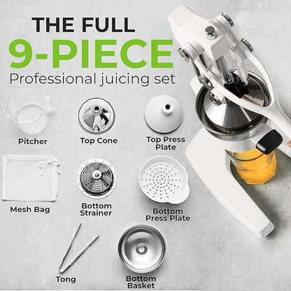Zulay Kitchen Pulverizer 9 in 1 Cast Iron Juicer - Easy-to-Clean Heavy-Duty Manual Juicer with Presser Attachment to Juice All Types of Fruits! Extra Tall with Stainless Steel Bowl - White