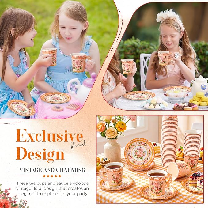 Nuogo 200 Pcs Floral Paper Tea Cups and Saucers 7 oz Disposable Paper Teacups - Image 4