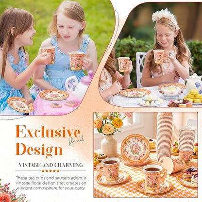 Nuogo 200 Pcs Floral Paper Tea Cups and Saucers 7 oz Disposable Paper Teacups - Image 4