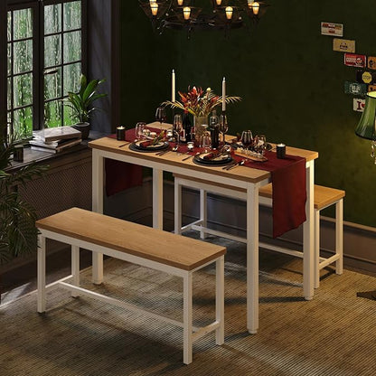 Tatub Dining Table Set for 4, 3-Piece Kitchen Table with 2 Benches, Space-Saving Dining Room Table Set for Breakfast Nook and Small Spaces, Original
