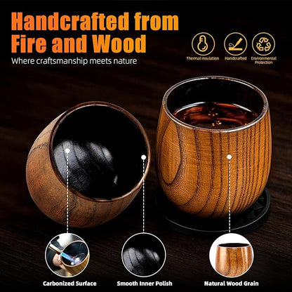 Luxury Wooden Whiskey Glass Gift Set for Men – 2 Handcrafted Carbonized Wood Tumblers with Reusable Metal Ice Cubes & Coasters, Premium Barware Gift Box for Bourbon Lovers for Dad