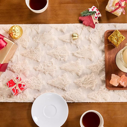 Christmas Trees Table Runner Soft Plush Faux Fur Cream Tree Christmas Table - Image 2