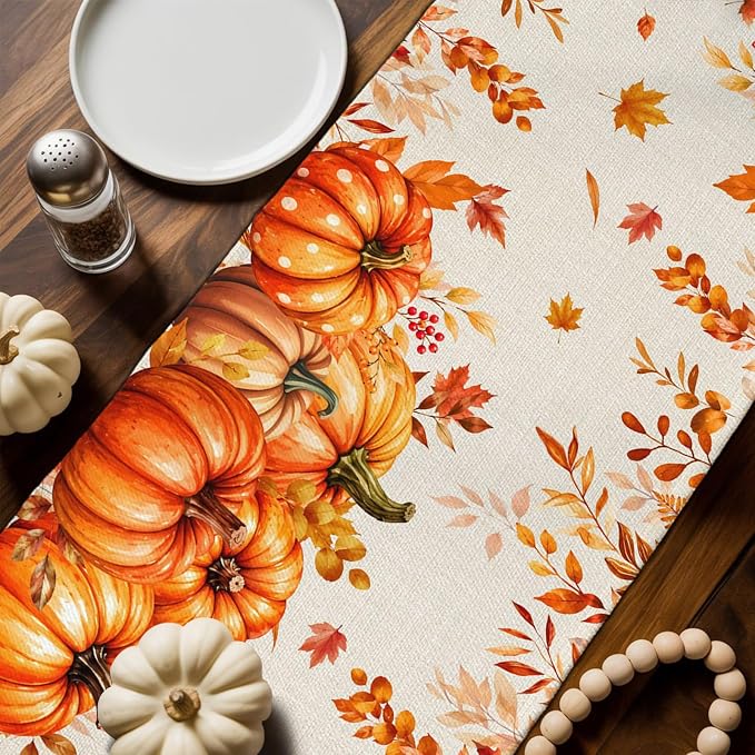 Orange Pumpkins Table Runners 72 Inches Long, Fall Thanksgiving Cotton Linen - Image 3