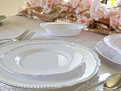 " OCCASIONS " 50 Plates Pack (25 Guests)-Heavyweight Wedding Party Disposable Plastic Plate Set -25 x 10.25'' Dinner + 25 x 7.5'' Salad/dessert plates (Rochelle White and Silver)