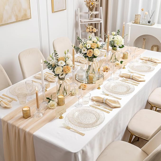 Rubtlamp 700Pcs Gold Glitter Plastic Dinnerware Set, Hammered Clear Plates - Image 8