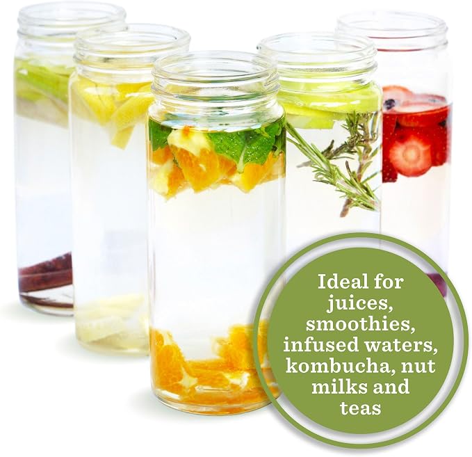 16oz Glass Juice Bottles with Lids, 6 Pack, Wide Mouth Reusable | Large Mouth - Image 3