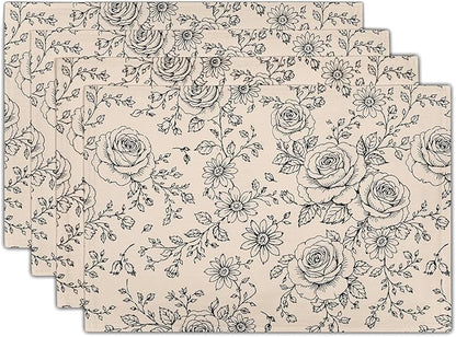Rustic Floral Placemats - Country Place Mats Set of 4 Farmhouse Rose Flowers Tablemats 12x18 for Party Kitchen Dining