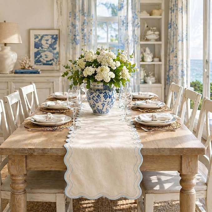Cream Table Runner 15 x 70 Inch, Modern Farmhouse Scalloped Dresser Runners - Image 5