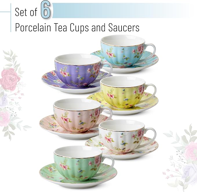 BTaT- Floral Tea Cups and Saucers Set of 6, Porcelain Tea Cups Set of 6 - Image 2