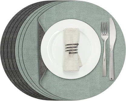 Myir JUN Round Placemats Dual Sided, Faux Leather Place Mats Set of 8 Indoor for Dining Table Outdoor Non-Slip Washable Table Mats (Set of 8, Gray Sage Green)