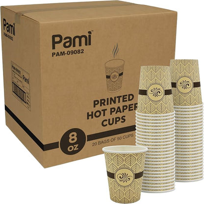 PAMI Disposable Paper Coffee Cups 8 oz, Single-Use, Leak Resistant by PAMI