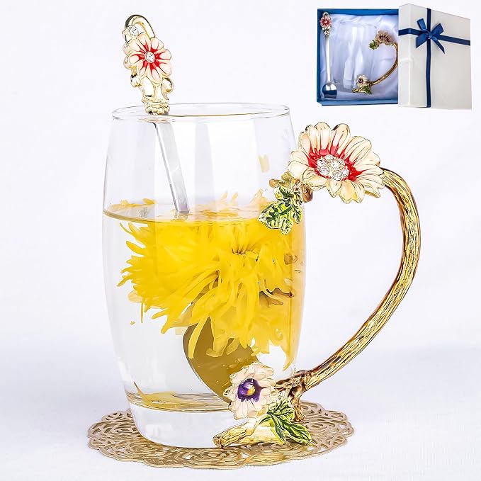 Flower Tea Cup, Butterfly Daisy Glass Fancy Coffee Mug by Unknown