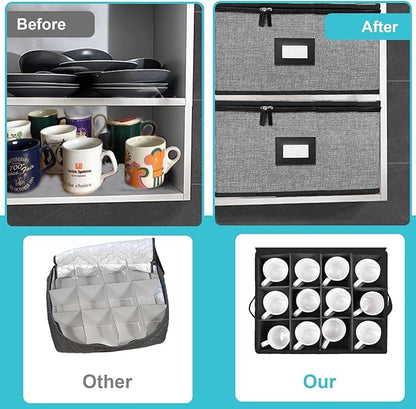 2PACK Quilted Mug Cup Storage Box-China Storage Containers Hard Shell,Cup Storage Containers with Lid for Moving Transport,Kichen Dinnerware Storage